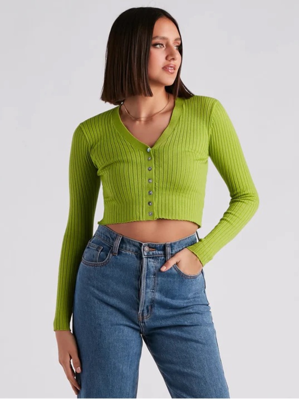 Y2K Green Ribbed Cropped Button Cardigan